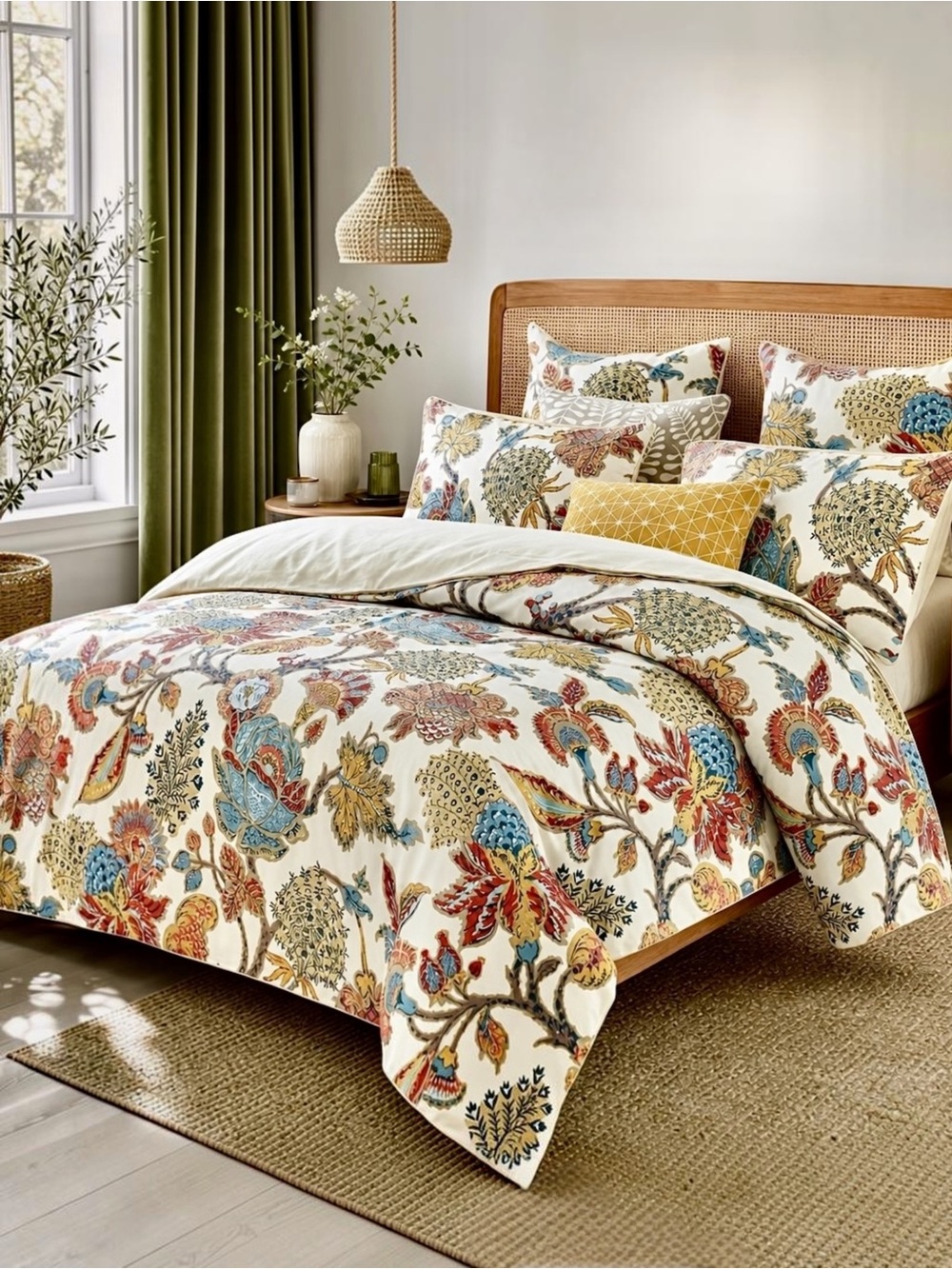 NEW Anthropologie Cream Red Cotton Queen / King Floral Bedding Duvet & Sham Set
